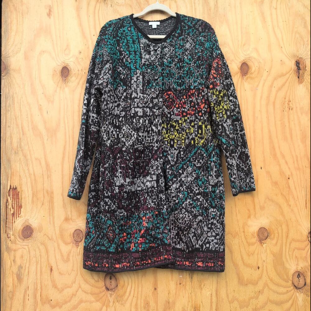 J. Jill Mosaic Autumn Jewel Tones Long Wool Blend Cardigan Women's Medium